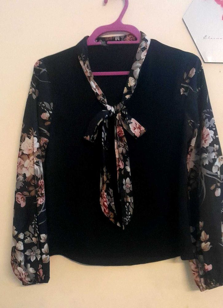 Floral Sleeve Tie Neck Top