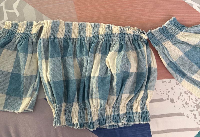 Off-Shoulder Blue Checkered Top