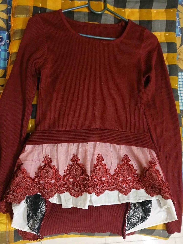 Burgundy Knit Top with Lace Details