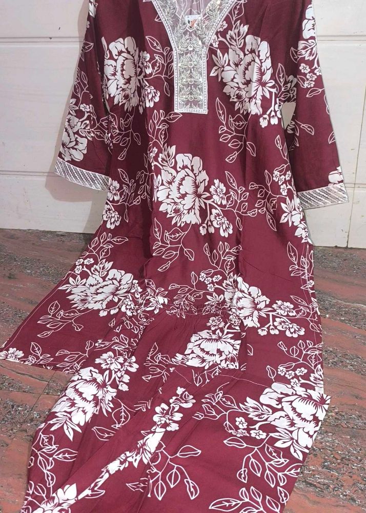 Floral Maroon Kurti Set Xxl