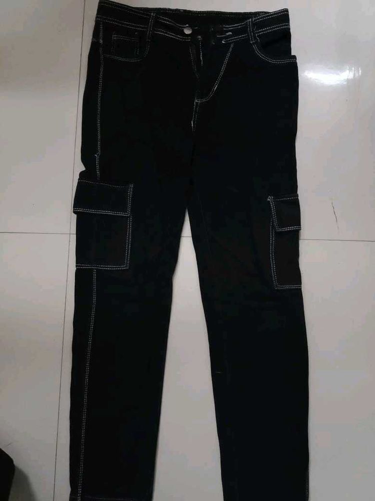 Dark Blue Contrast Stitch Cargo Jeans