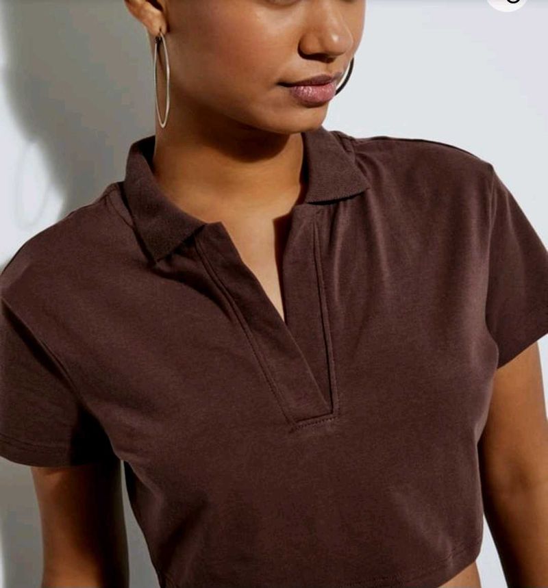 Brown Cropped Polo Top