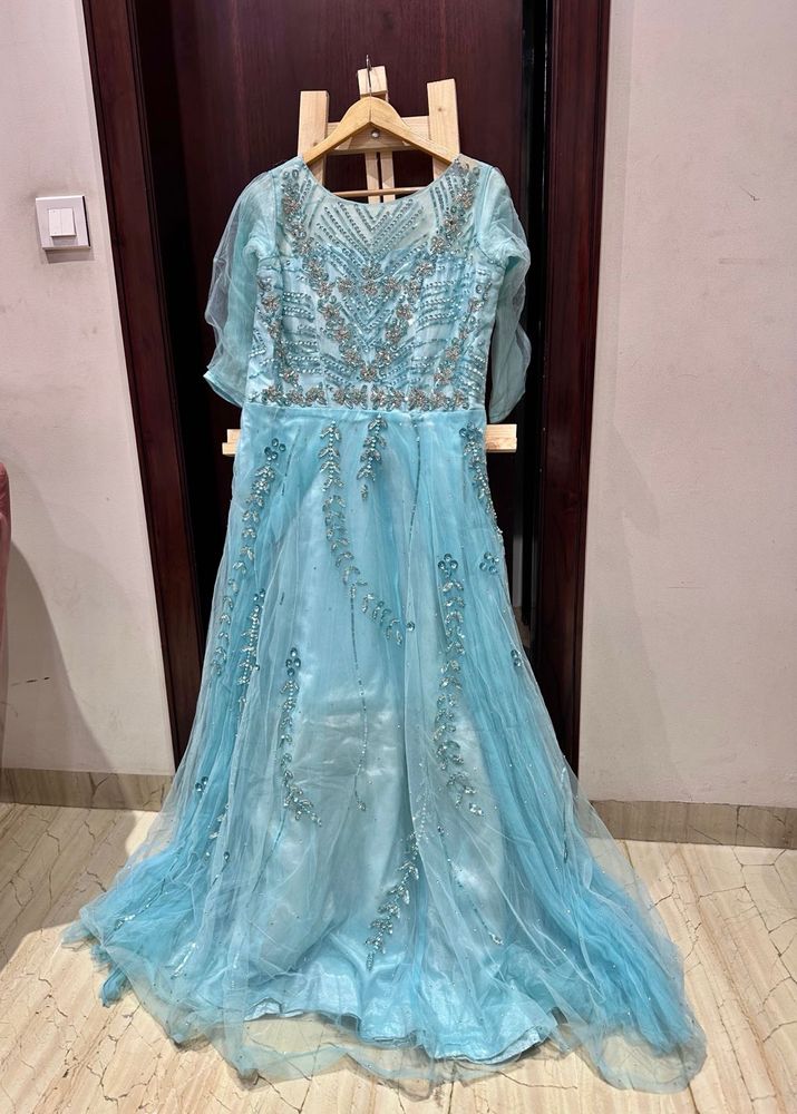 Sky Blue Hand Embroidered Ethnic Gown