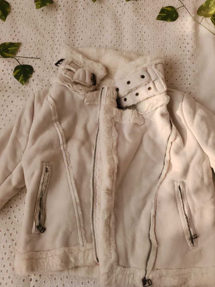 Cream Faux Shearling Biker Jacket