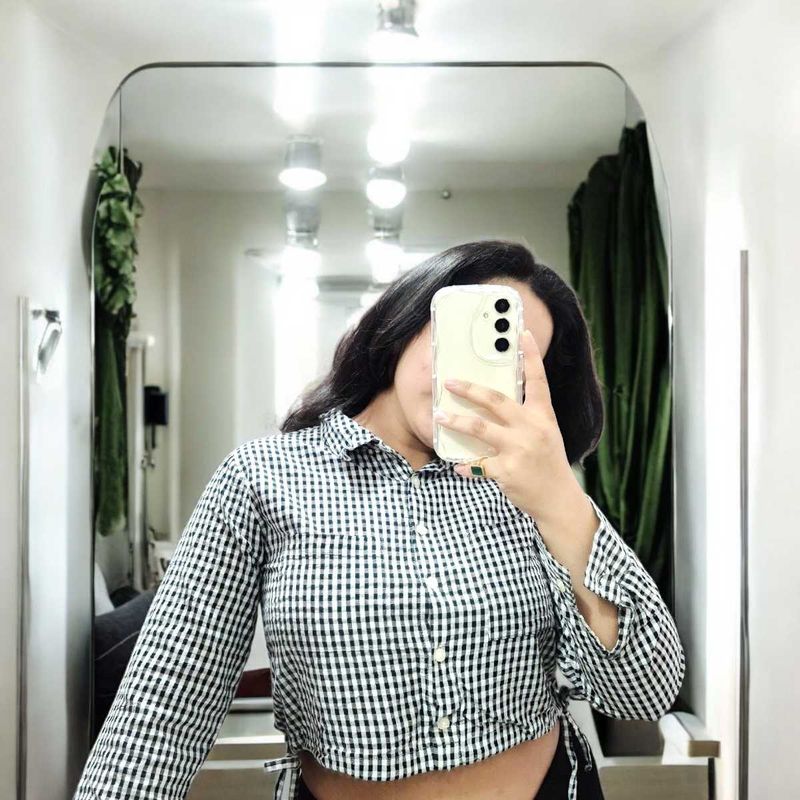Black &amp; White Check Cropped Shirt with Side Tie
