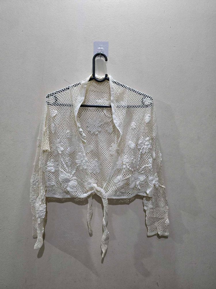 Floral Crochet Tie-Front Shrug