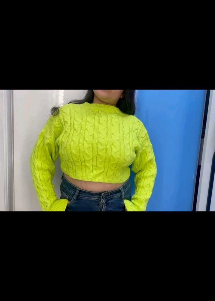 Neon Green Cropped Cable Knit Sweater