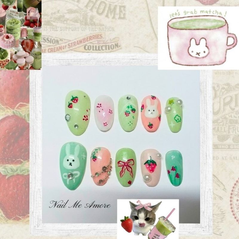 Press on nails Miffy &amp; Strawberry Matcha 🍵 🍓