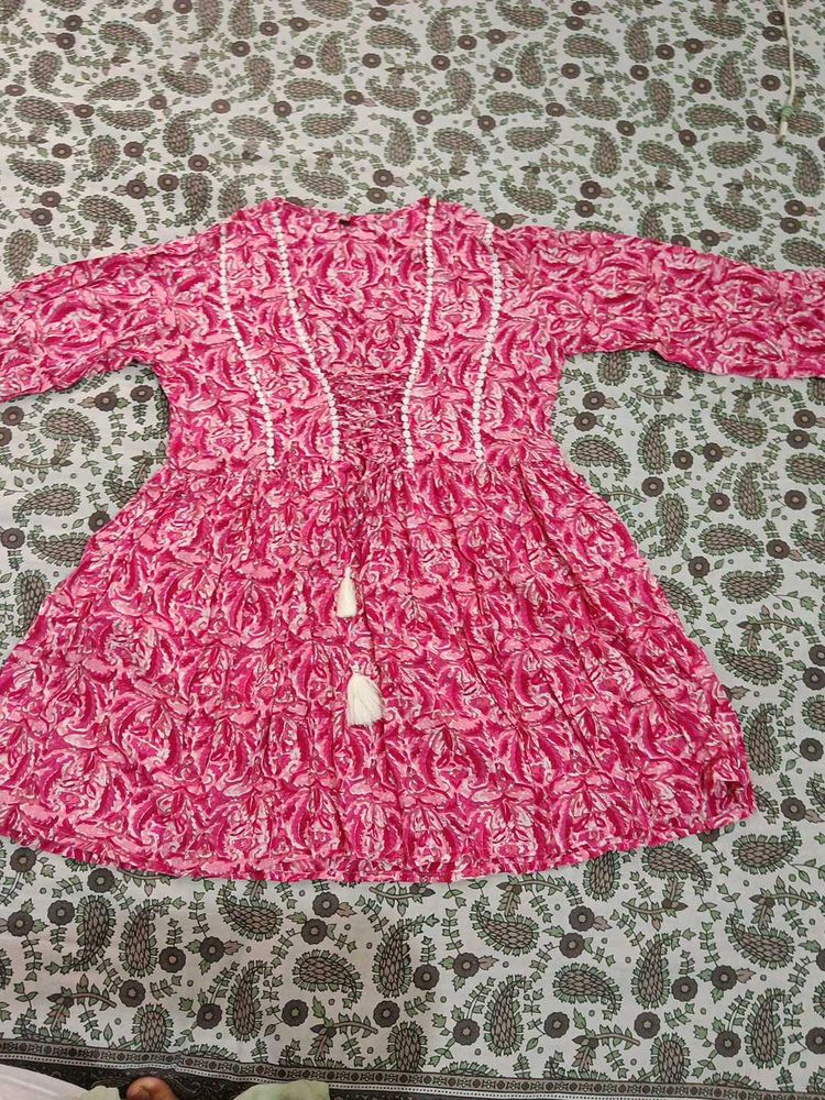 Pink Floral Print Peasant Dress