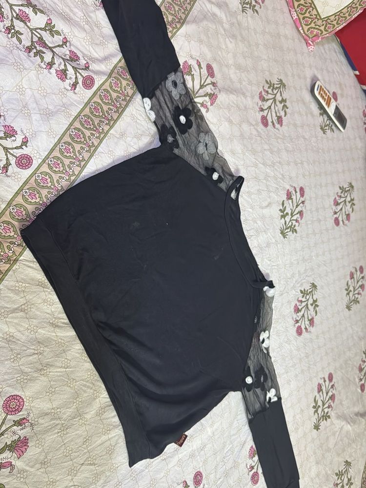 Elegant Black Top With Floral Embroidery Wit Net
