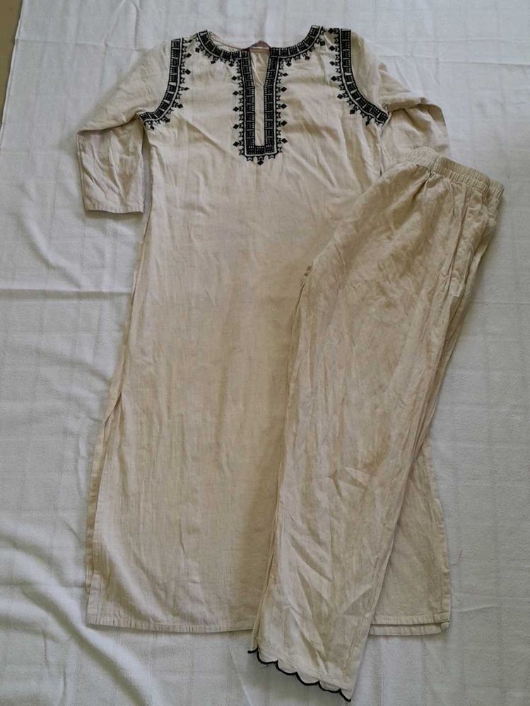 Embroidered Cream Kurta Pant Set