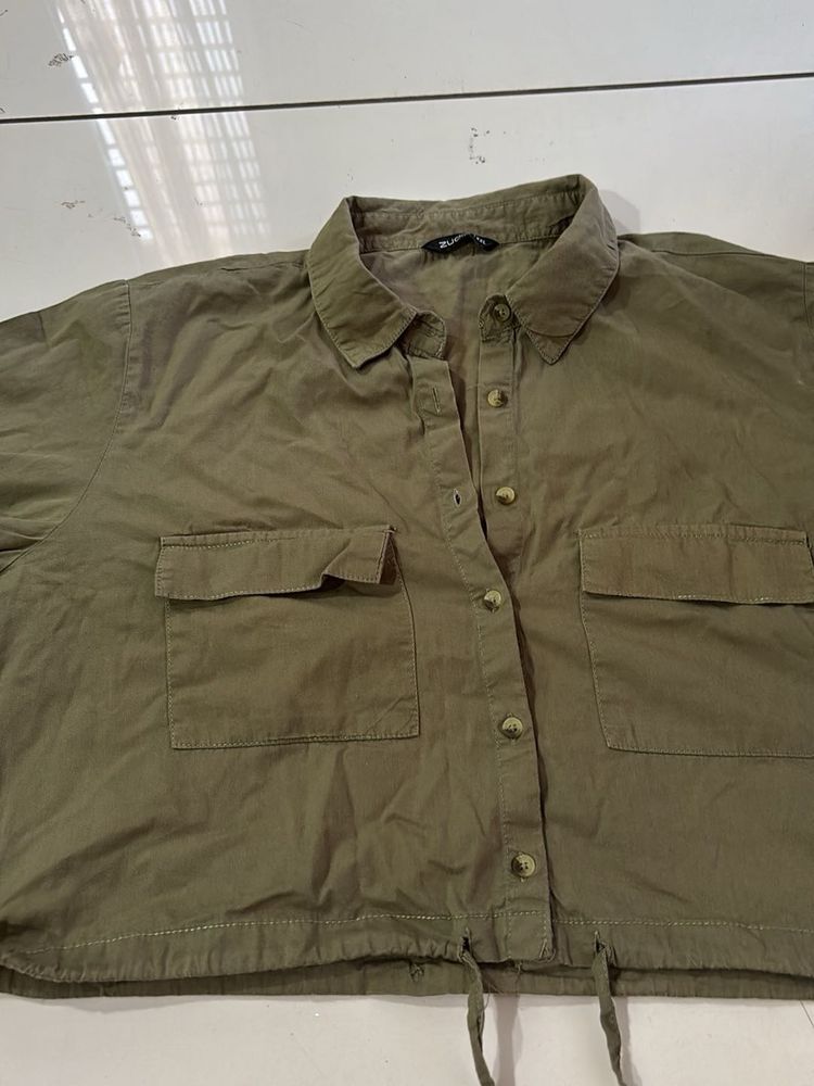 Olive Green Cropped Utility Shirt