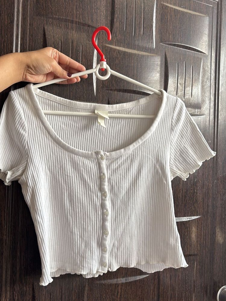 White Ribbed Button-Up Top