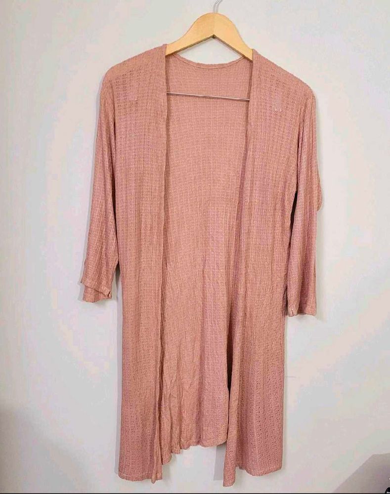 Woman Knitted Dusty Pink Open Front Longline Shrug