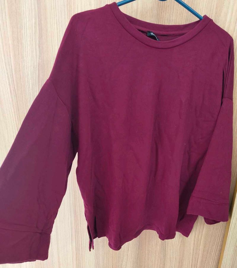 BERSHKA Burgundy Drop-Shoulder Top