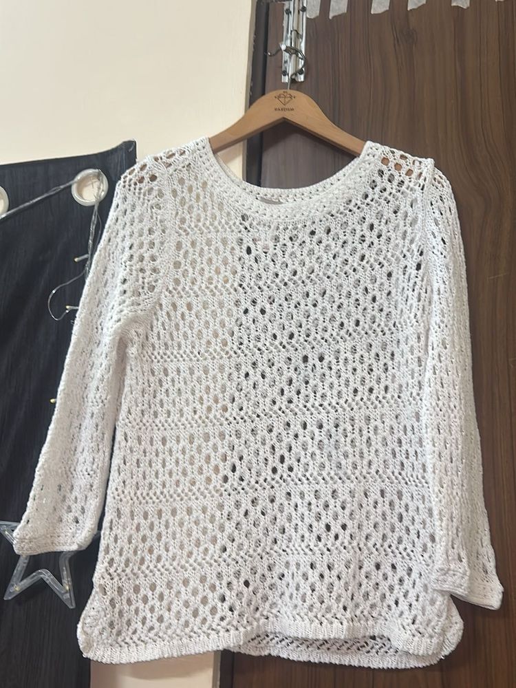 White Knit Openwork Top