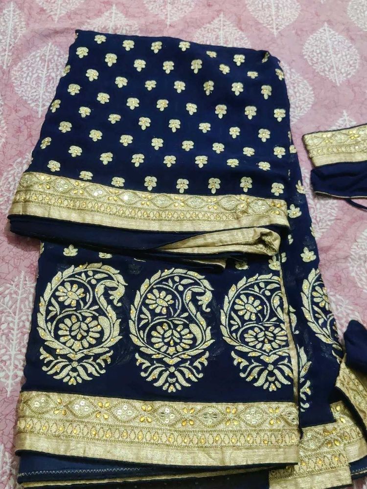 Navy Blue &amp; Gold Saree
