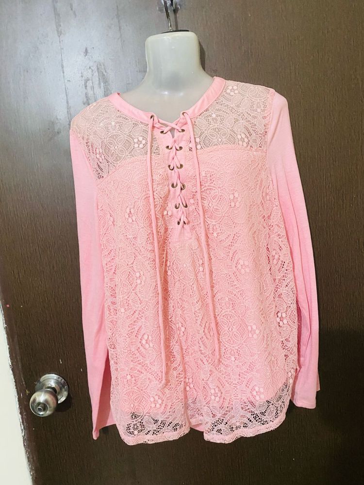 Pink Lace-Up Long Sleeve Top