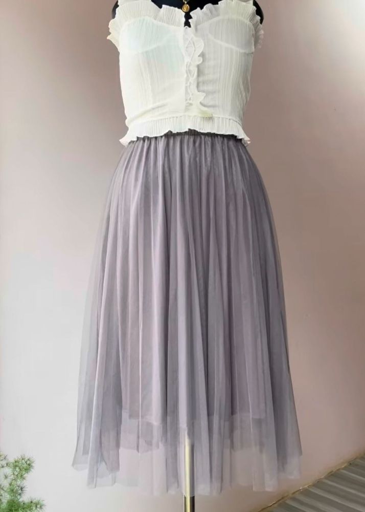 Grey Tulle Midi Skirt