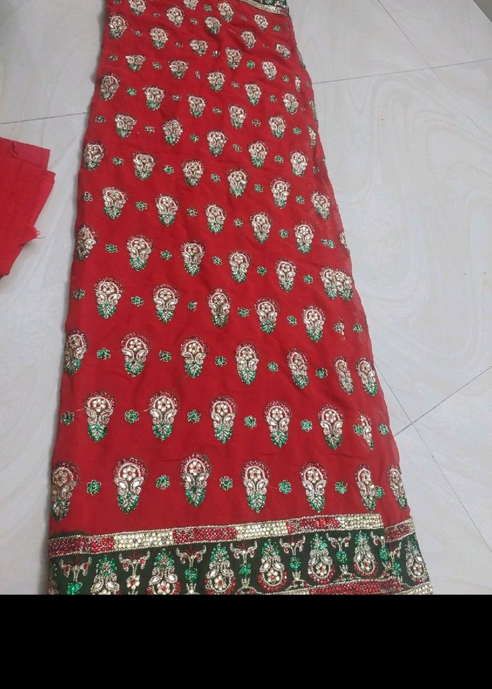 Red Embroidered Sari Fabric