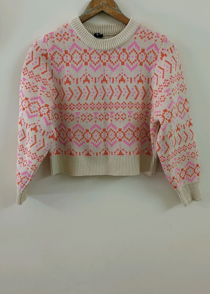 H &amp; M -White Sweater with Playful Pink and Orange