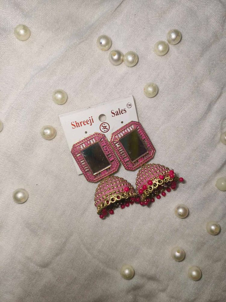 Pink Mirror Jhumka Earrings