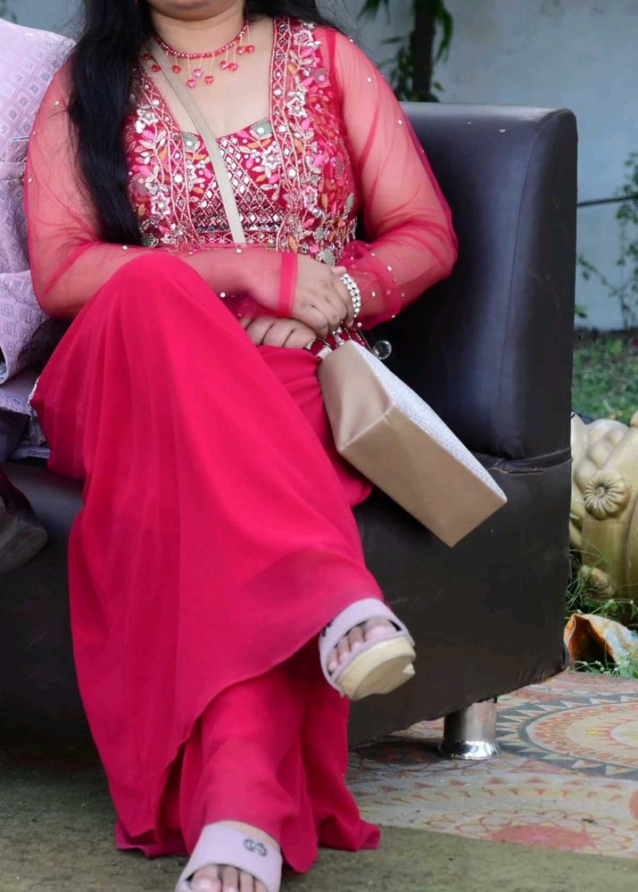 Mirror Work Blouse And Plazzo Set With Shrug