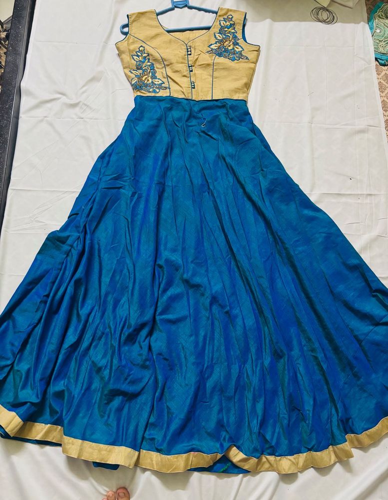 Elegant Blue &amp; Gold Embroidered Dress