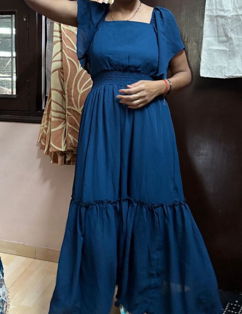 Women Blue Ruffle Sleeves Dress