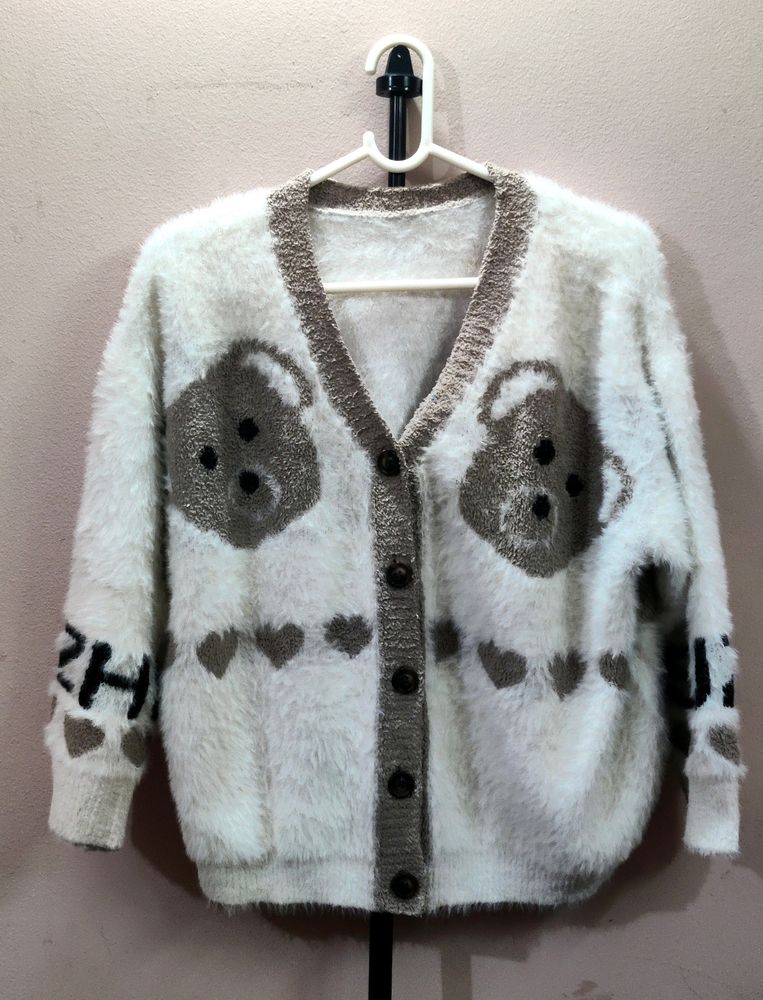 Imported women&#39;s V-neck fuzzy knit cardigan/sweate