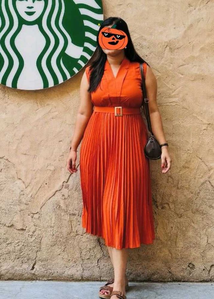 Orange Pleated Midi Dress