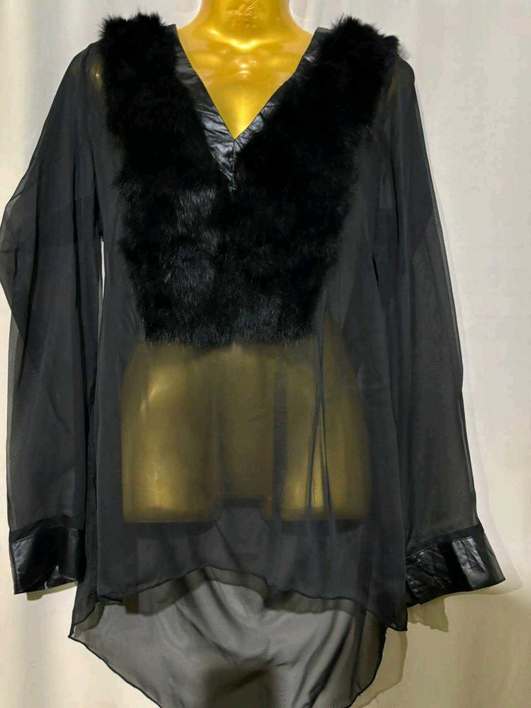 Sheer Black Fur Trim Tunic