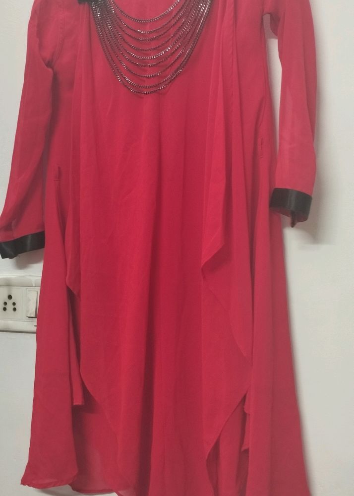 Red A-line Suit With Velvet Legging.