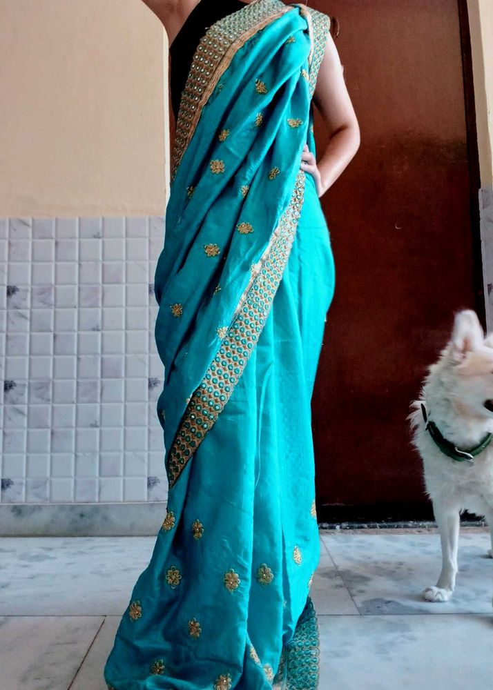PRICEDROP Embroidery Border Mirror Work Saree