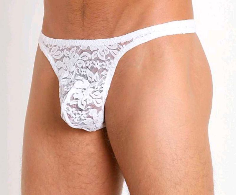 men&#39;s White Lace mesh Thong