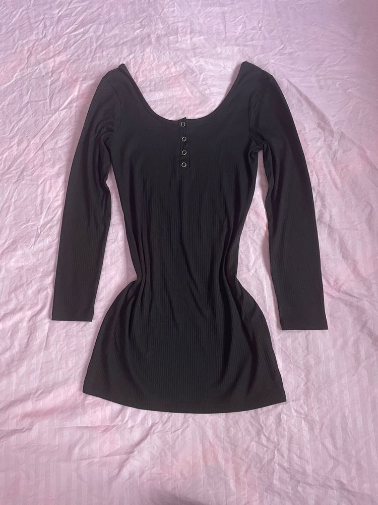 Black Long Sleeve Mini Backless Dress