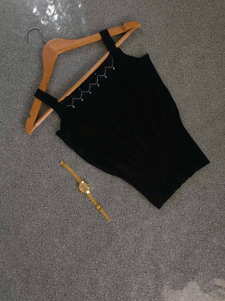 Black Ribbed Tank with Embellishments