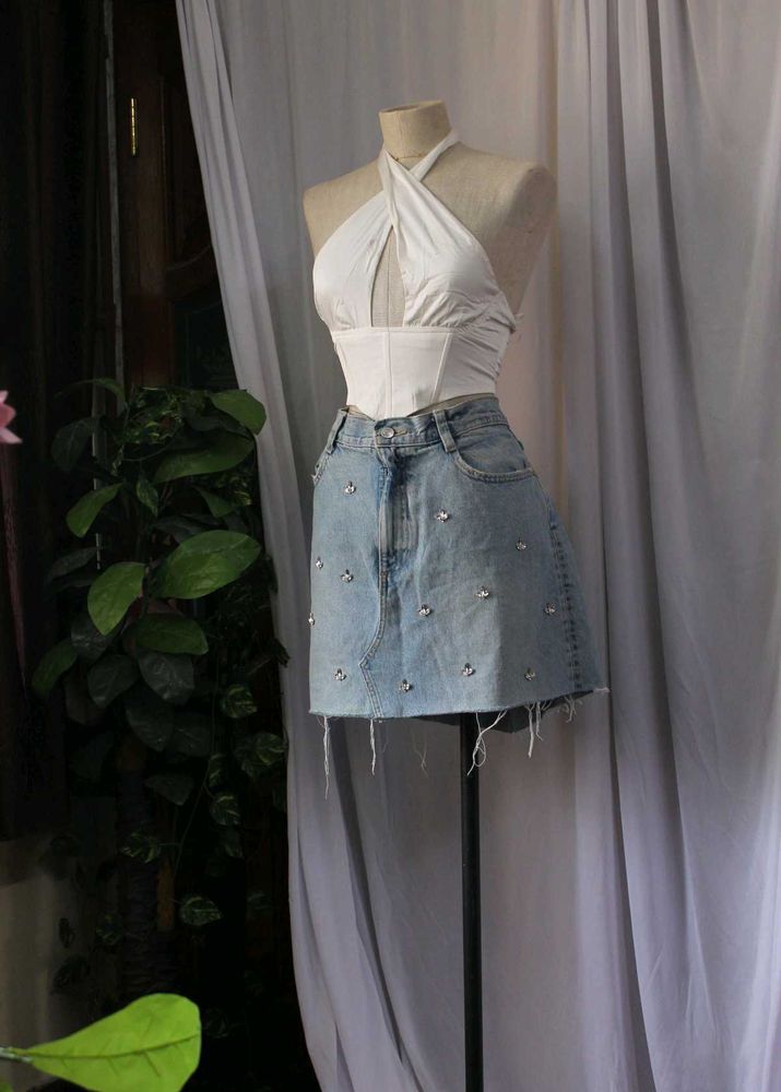 Zara Rhinestone Denim Mini Skirt