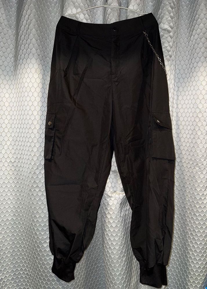 Black Cargo Pants with Chain Detail