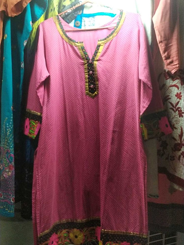 Pink Textured Tunic with Embellished Trim