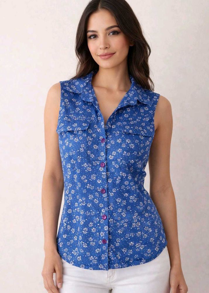 Floral Sleeveless Blue Top