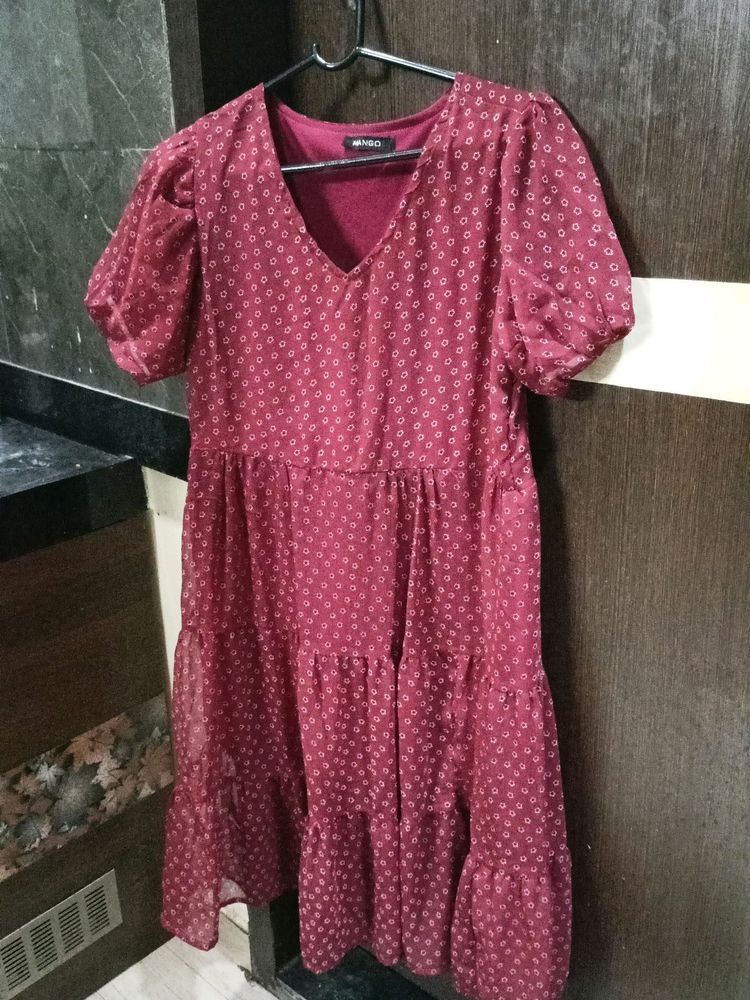 Mango Burgundy Tiered Mini Dress