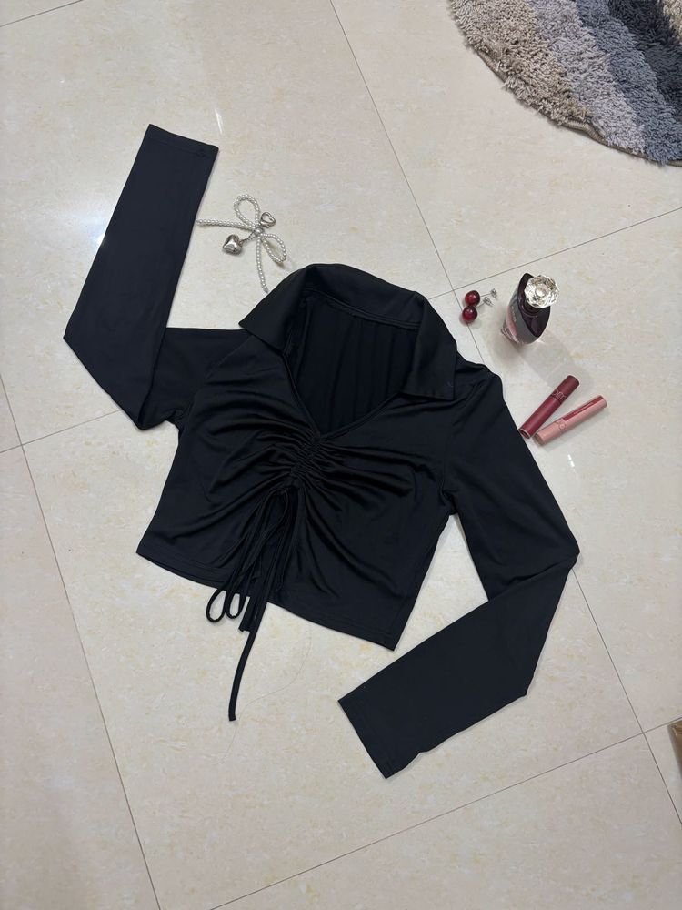 Black Ruched Front Long Sleeve Top