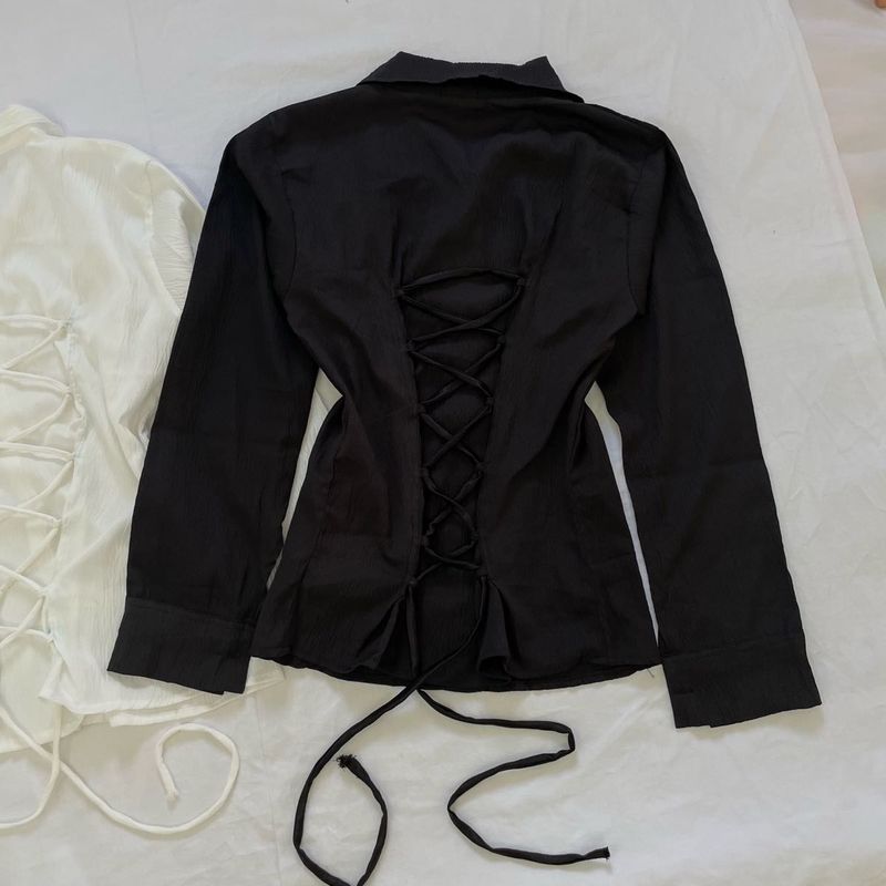 Black Corset Lace Up Y2K Fitted Shirt