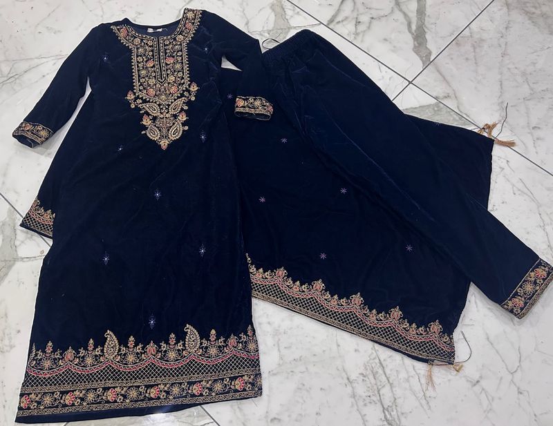 Premium Navy Blue Velvet Elegant Kurta Set