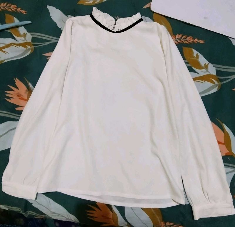 White Ruffle Neck Blouse
