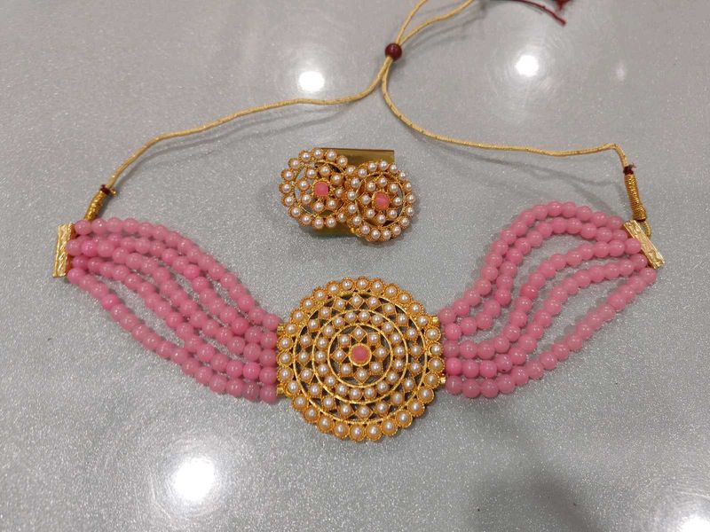 Pink Beaded Choker Set