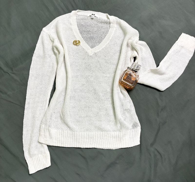 White V-Neck Knit Sweater