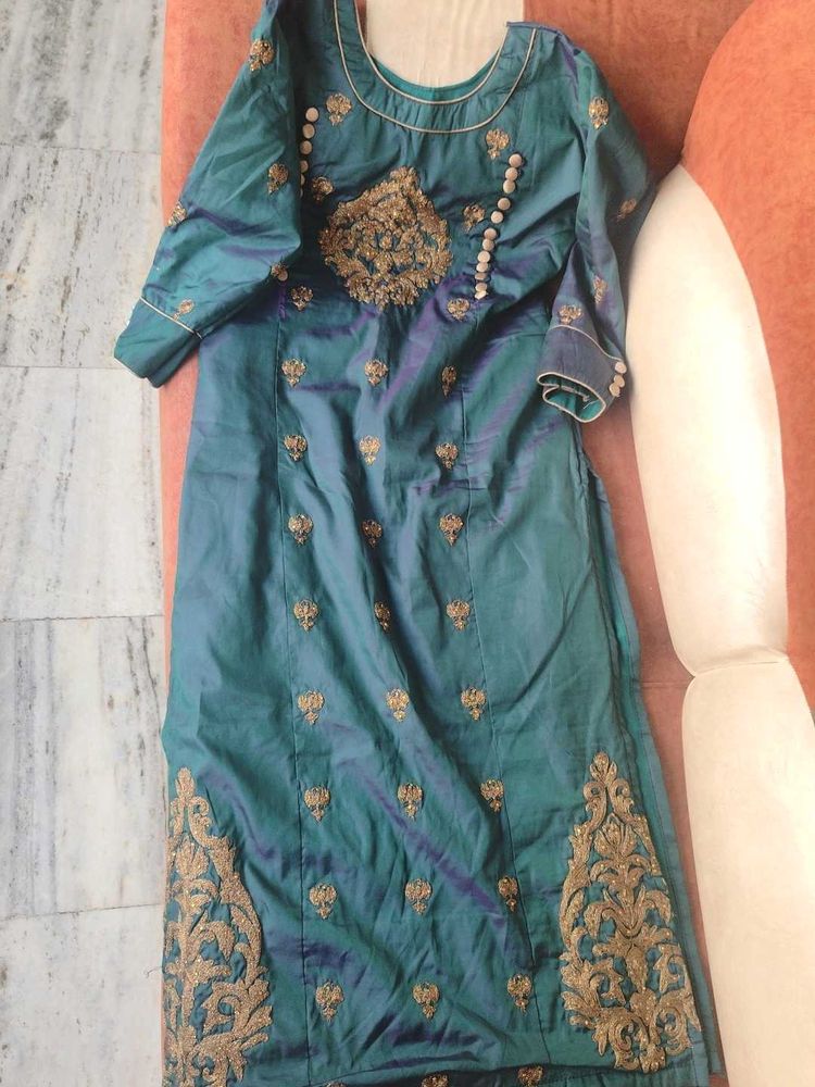 Teal Embroidered Indian Kurti