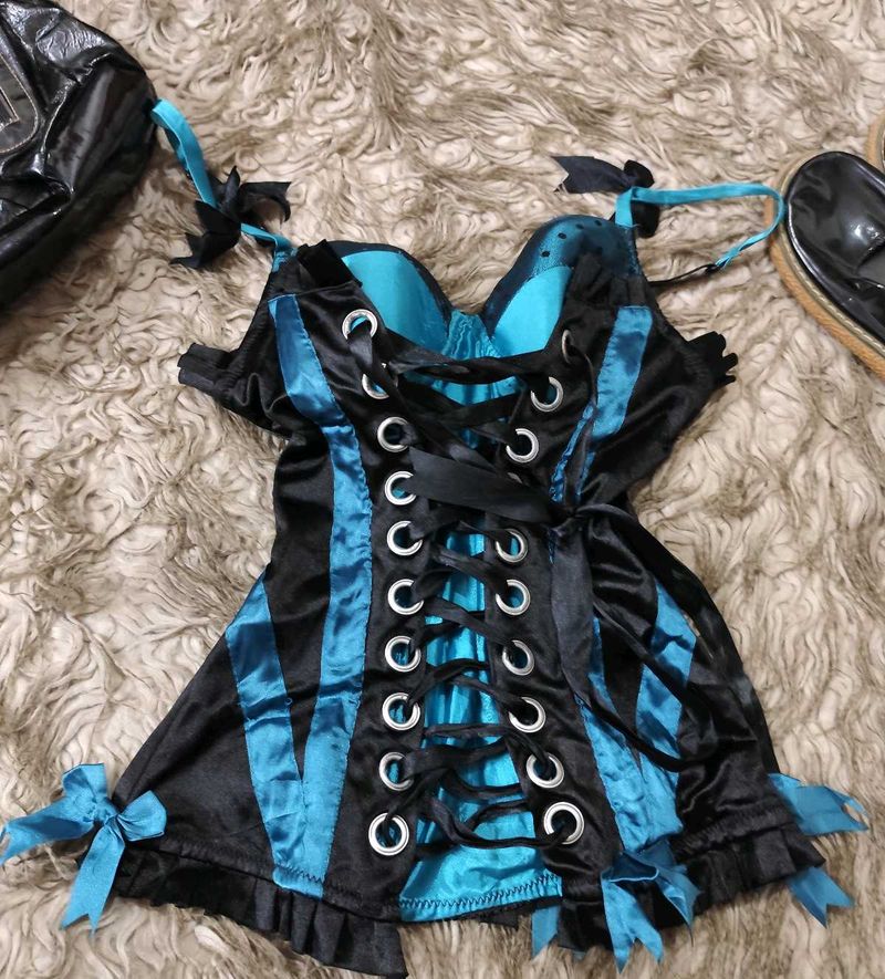 Gothic Y2k Black And Blue Burlesque Corset Top